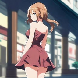 An anime girl with a large posterior wearing a short dress, standing and turning around