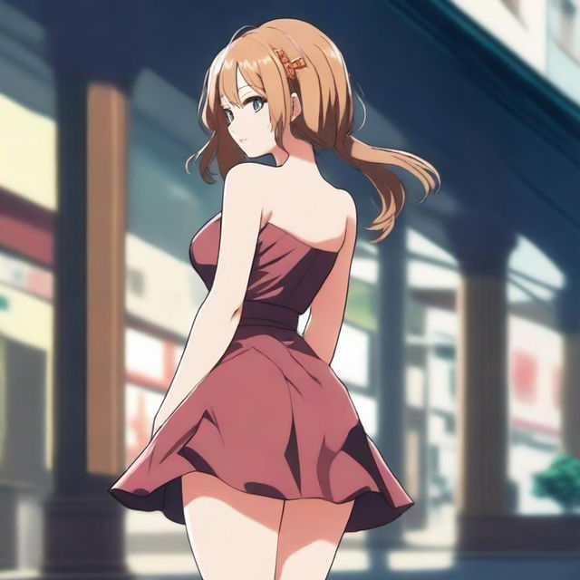 An anime girl with a large posterior wearing a short dress, standing and turning around