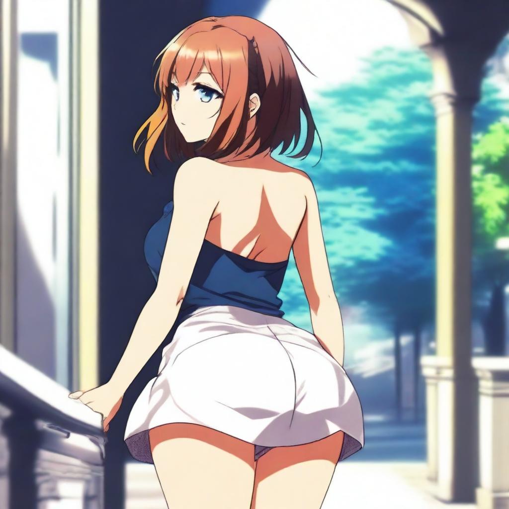 An anime girl with a large posterior wearing a short dress, standing and turning around