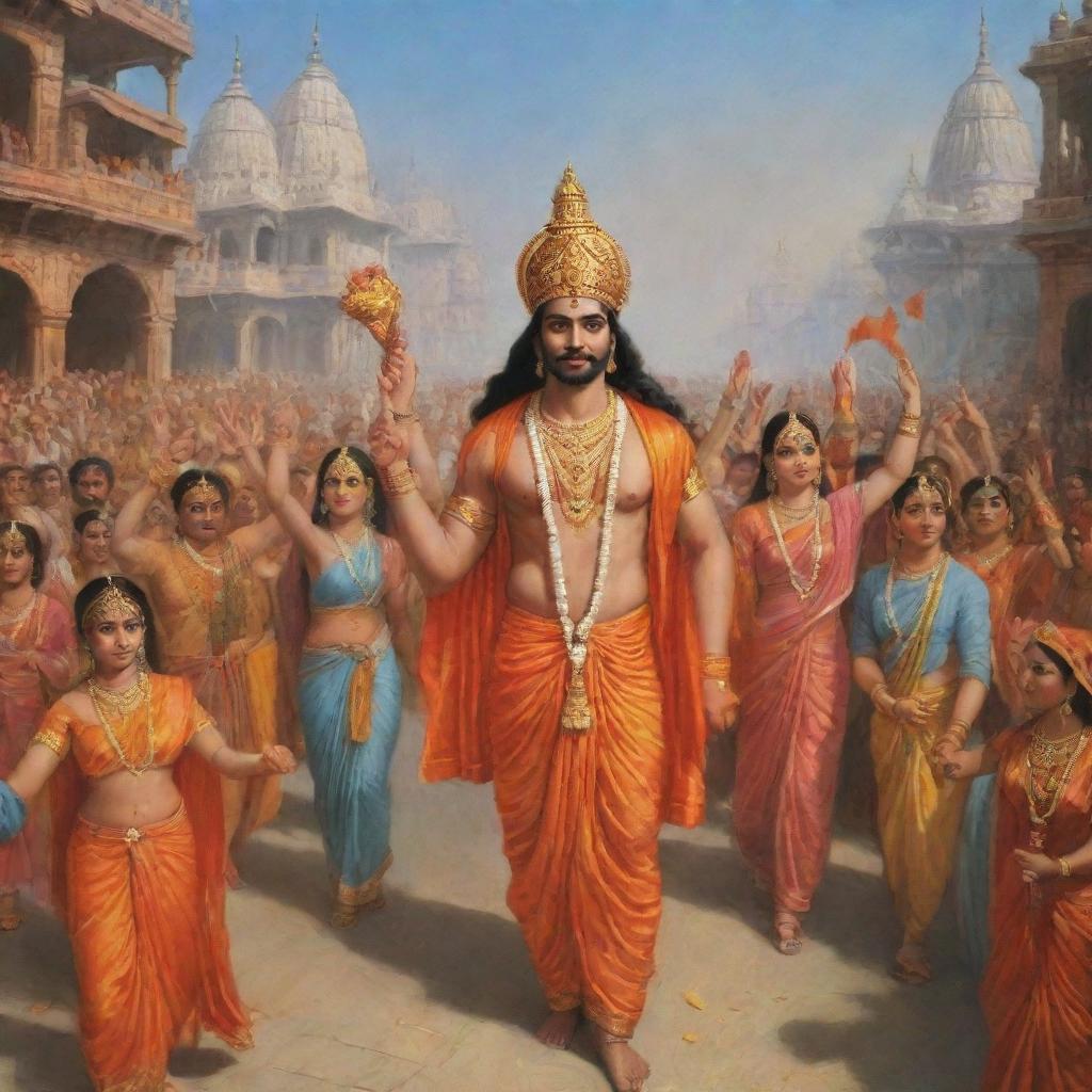 Shree Ram and his wife, Sita, returning to the ancient city of Ayodhya after their years of exile, surrounded by cheering citizens, festooned streets, and divine energy.