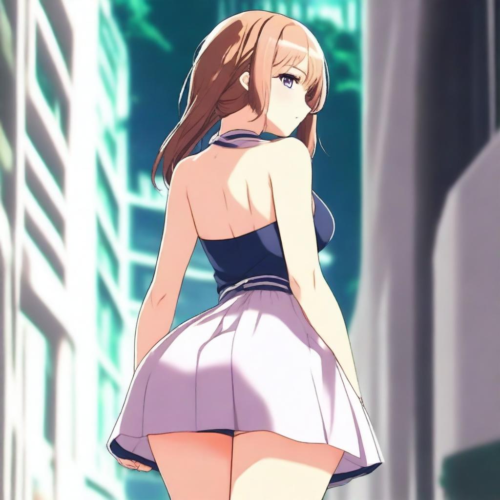 A real girl depicted in anime style with a large posterior wearing a short dress, standing and turning around