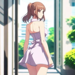 A real girl depicted in anime style with a large posterior wearing a short dress, standing and turning around