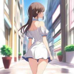 A real girl depicted in anime style with a large posterior wearing a short dress, standing and turning around