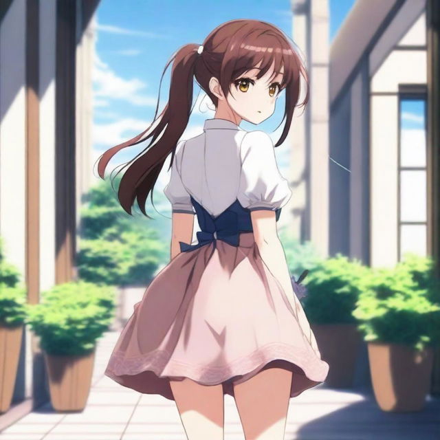 A real girl depicted in anime style with a large posterior wearing a short dress, standing and turning around