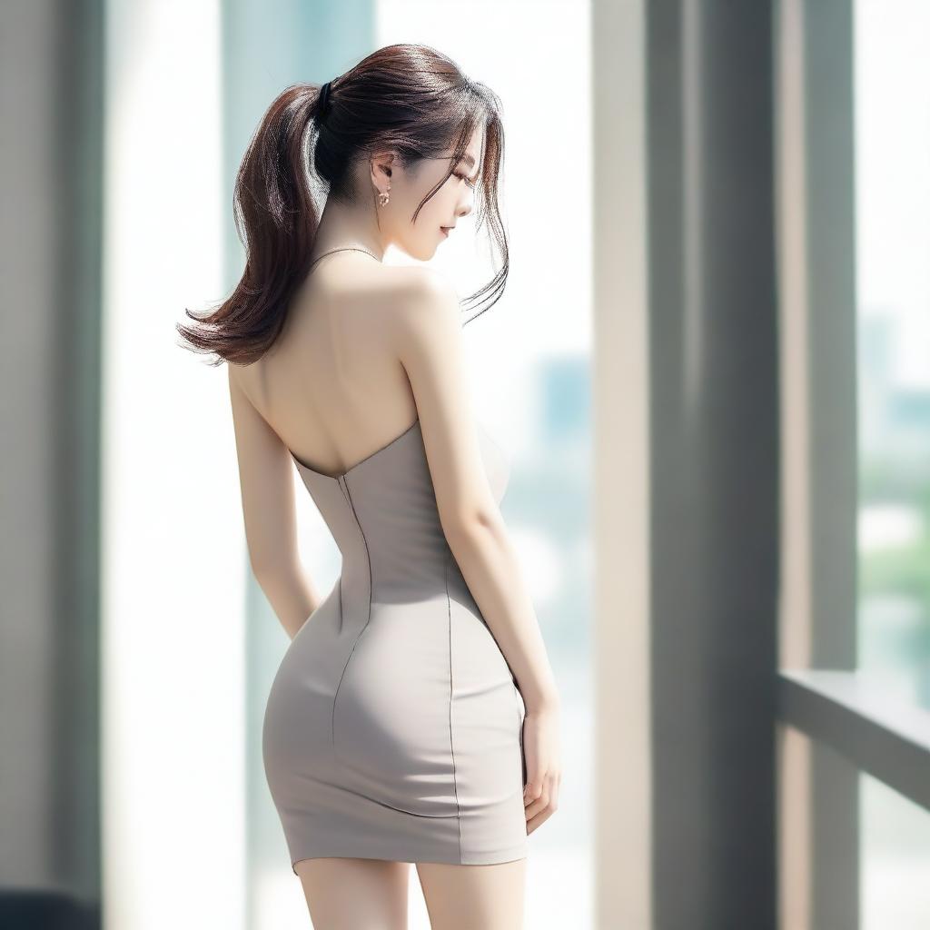 A Korean girl with a large posterior wearing a short dress, standing and turning around