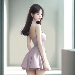 A Korean girl with a large posterior wearing a short dress, standing and turning around