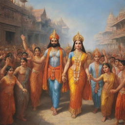 Shree Ram and his wife, Sita, returning to the ancient city of Ayodhya after their years of exile, surrounded by cheering citizens, festooned streets, and divine energy.