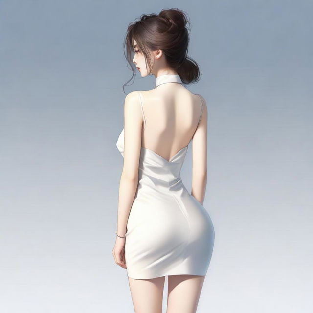 A Korean girl with a large posterior wearing a short dress, standing and turning around