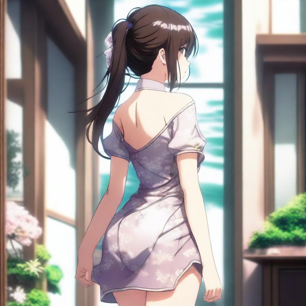 An anime-style Korean girl with a large posterior, wearing a short dress, standing and turning around