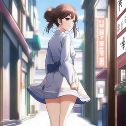 An anime-style Korean girl with a large posterior, wearing a short dress, standing and turning around