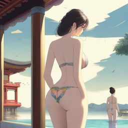 A Korean girl with a large posterior, wearing a bikini, standing and turning around