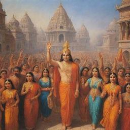 Shree Ram and his wife, Sita, returning to the ancient city of Ayodhya after their years of exile, surrounded by cheering citizens, festooned streets, and divine energy.