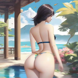 A Korean girl with a large posterior, wearing a bikini, standing and turning around