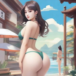 A Korean girl with a large posterior, wearing a bikini, standing and turning around