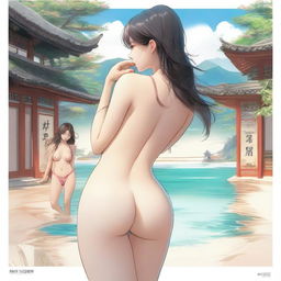 A Korean girl with a large posterior, wearing a bikini, standing and turning around