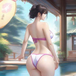 A Korean girl with a large posterior, wearing a bikini, standing and turning around