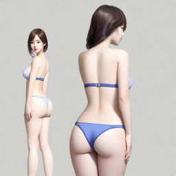 A realistic depiction of a Korean girl with a large posterior, wearing a bikini, standing and turning around