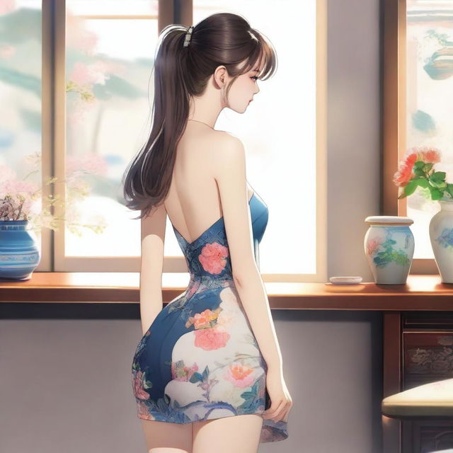 A Korean girl with a large posterior, wearing a short dress, standing and turning around