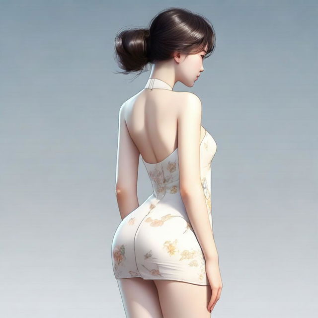 A realistic depiction of a Korean girl with a large posterior, wearing a short dress, standing and turning around