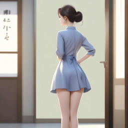 A realistic depiction of a Korean girl with a large posterior, wearing a short dress, standing and turning around