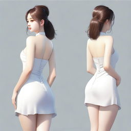 A realistic depiction of a Korean girl with a large posterior, wearing a short dress, standing and turning around