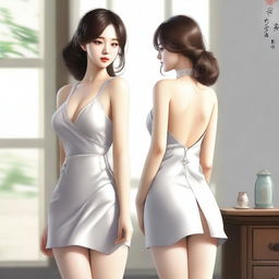 A realistic depiction of a Korean girl with a large posterior, wearing a short dress, standing and turning around