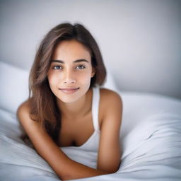 A beautiful girl with a natural look, lying in her bed with a dark white screen color in the background