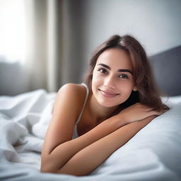 A beautiful girl with a natural look, lying in her bed with a dark white screen color in the background