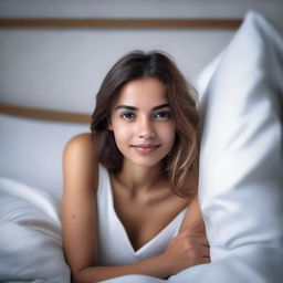 A beautiful girl with a natural look, lying in her bed with a dark white screen color in the background