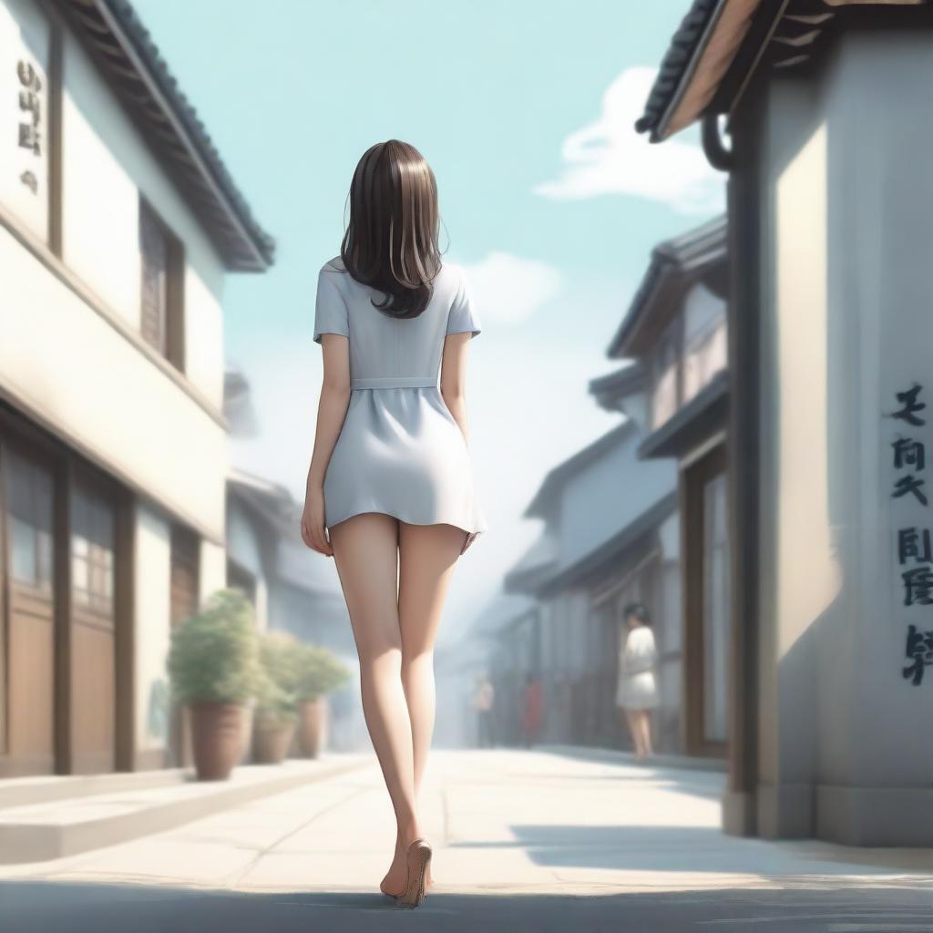 A realistic depiction of a Korean girl with a very large posterior, wearing a short dress, standing and turning around