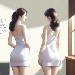 A realistic depiction of a Korean girl with a very large posterior, wearing a short dress, standing and turning around