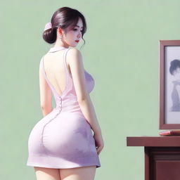 A realistic depiction of a Korean girl with a very large posterior, wearing a short dress, standing and turning around