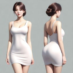 A realistic depiction of a Korean girl with a very large posterior, wearing a short dress, standing and turning around