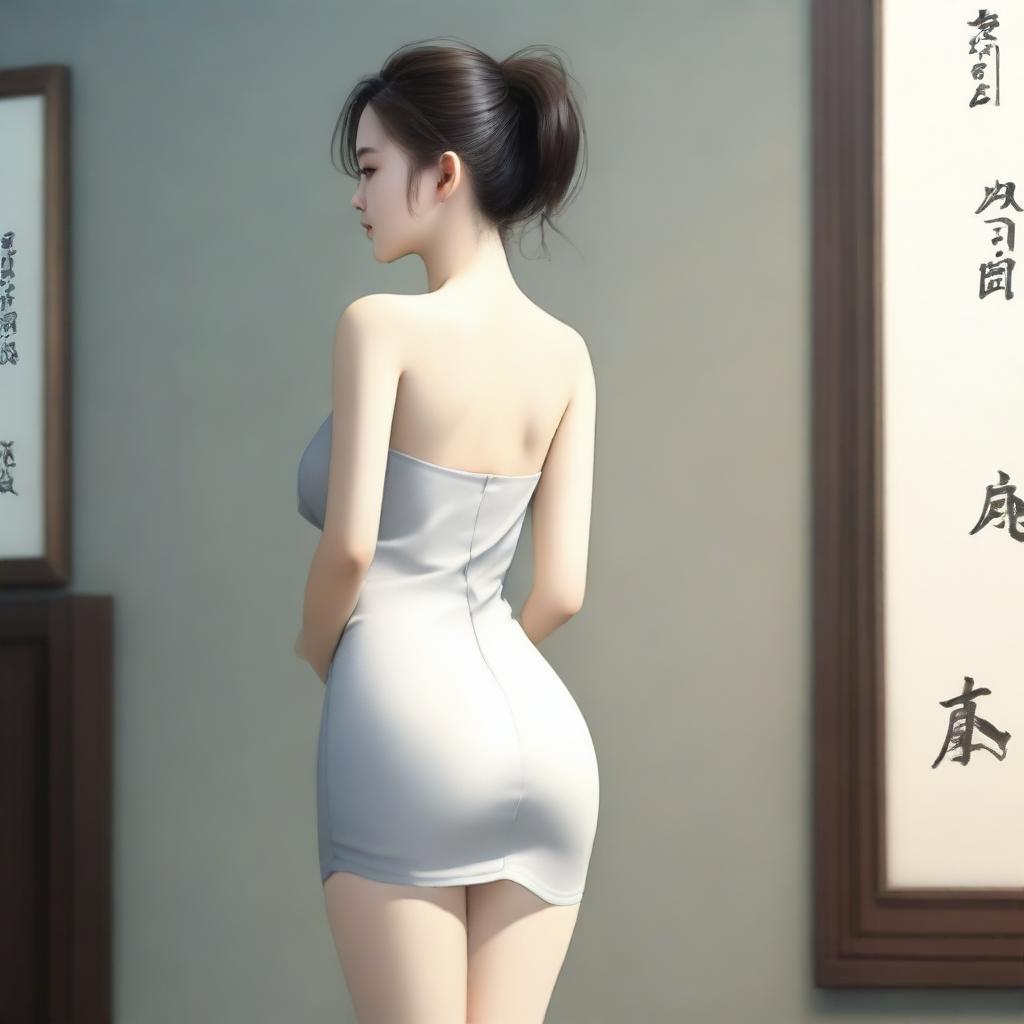 A realistic depiction of a Korean girl with a very large posterior, wearing a short dress, standing and turning around