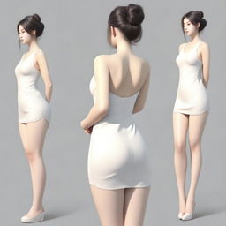 A realistic depiction of a Korean girl with a very large posterior, wearing a short dress, standing and turning around