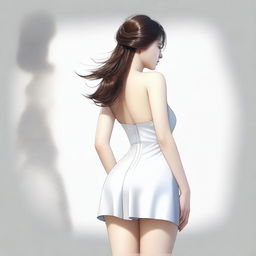 A realistic depiction of a Korean girl with a very large posterior, wearing a short dress, standing and turning around