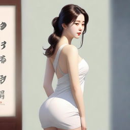 A realistic depiction of a Korean girl with a very large posterior, wearing a short dress, standing and turning around