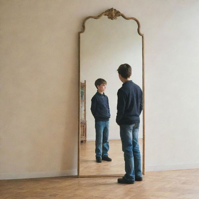 A man standing in front of a reflective mirror, which magically shows his childhood image.