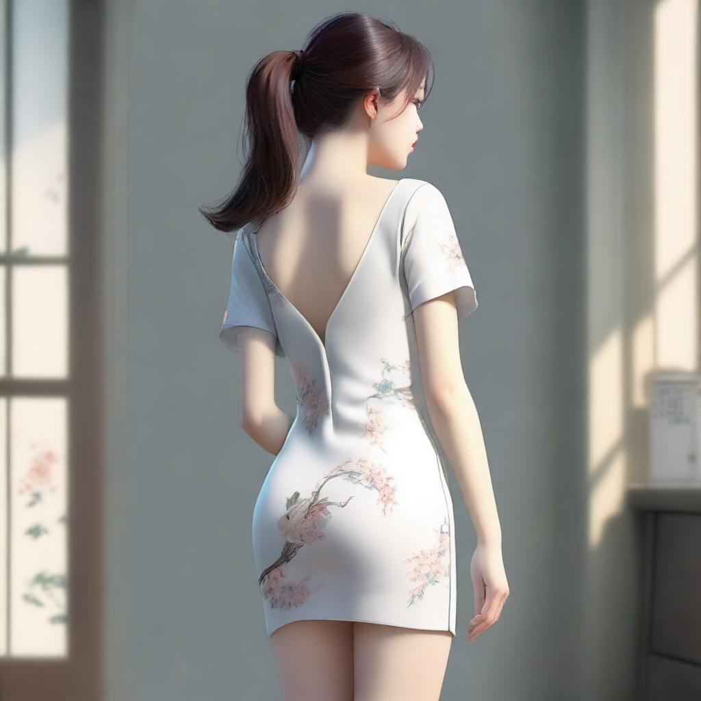 A realistic depiction of a Korean girl with a very large posterior, wearing a short dress, standing and turning around