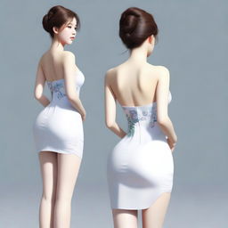 A realistic depiction of a Korean girl with a very large posterior, wearing a short dress, standing and turning around