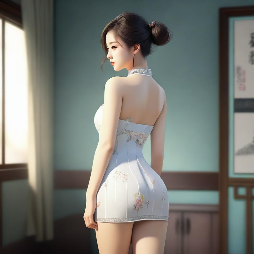 A realistic depiction of a Korean girl with a large posterior, wearing a short dress, standing and turning around