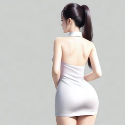 A realistic depiction of a Korean girl with a large posterior, wearing a short dress, standing and turning around