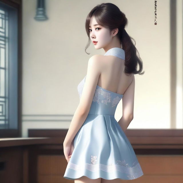 A realistic depiction of a Korean girl with a large posterior, wearing a short dress, standing and turning around