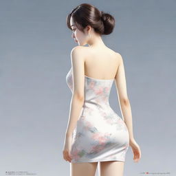 A realistic depiction of a Korean girl with a large posterior, wearing a short dress, standing and turning around