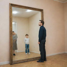 A man standing in front of a reflective mirror, which magically shows his childhood image.