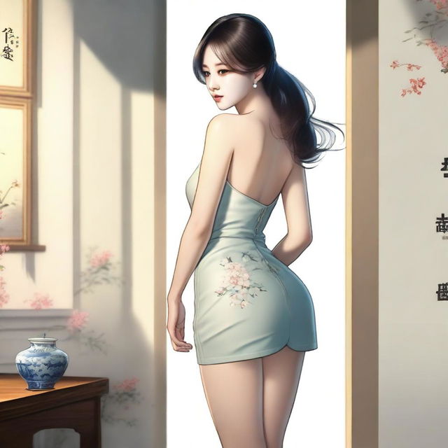 A realistic depiction of a Korean girl with a large posterior, wearing a short dress, standing and turning around