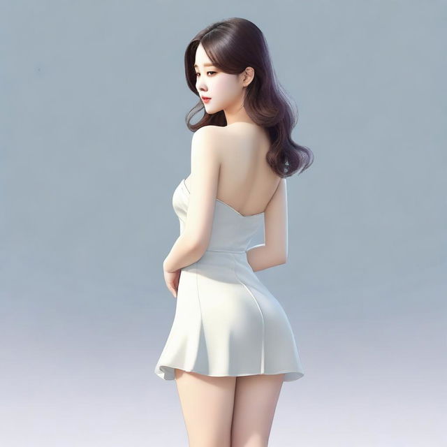 A realistic depiction of a Korean girl with a large posterior, wearing a short dress, standing and turning around