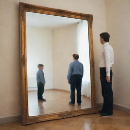 A man standing in front of a reflective mirror, which magically shows his childhood image.