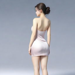 A realistic depiction of a Korean girl with a large posterior, wearing a short dress, standing and turning around