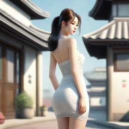 A realistic depiction of a Korean girl with a large posterior, wearing a short dress, standing and turning around